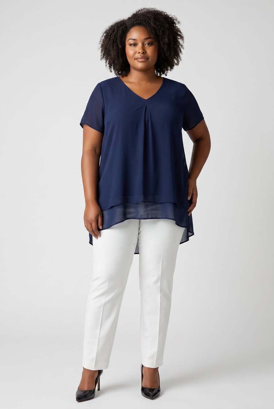 Susan Graver Woven Essentials Navy Blue Double Layer V-Neck Chiffon Blouse (L)